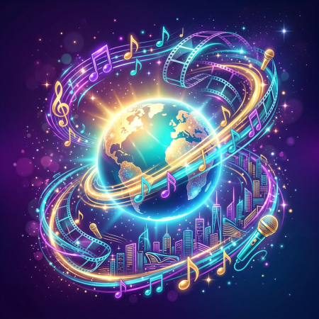 Glowing Earth surrounded by music notes, film reels, microphones, and city lights