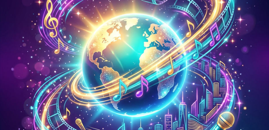 Glowing Earth surrounded by music notes, film reels, microphones, and city lights