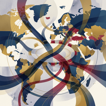 Abstract world map with colorful ribbons linking continents around a central circle