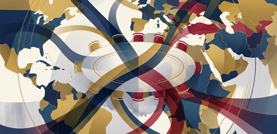 Abstract world map with colorful ribbons linking continents around a central circle