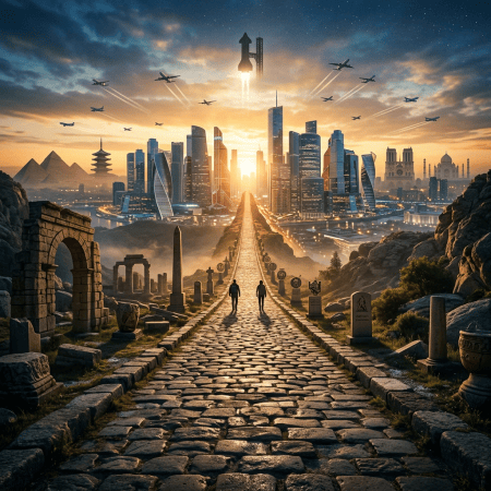 Two people walk along an ancient stone road toward a futuristic city at sunset