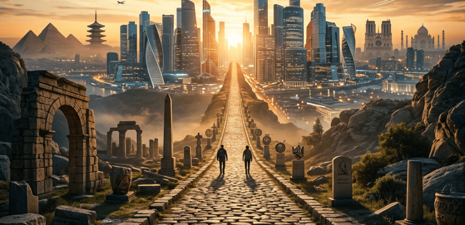 Two people walk along an ancient stone road toward a futuristic city at sunset