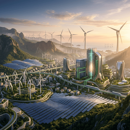 Futuristic city with wind turbines, solar panels, and sustainable skyscrapers