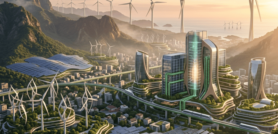 Futuristic city with wind turbines, solar panels, and sustainable skyscrapers