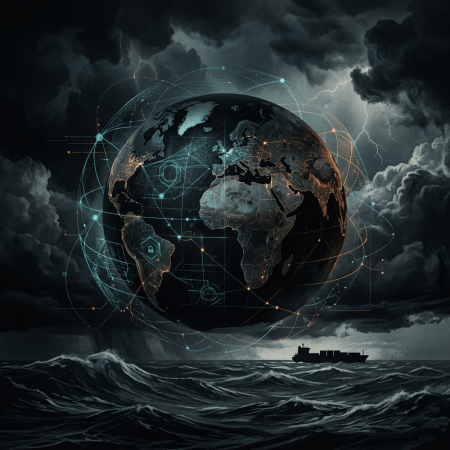 Digital globe showing connected continents above stormy ocean with lightning