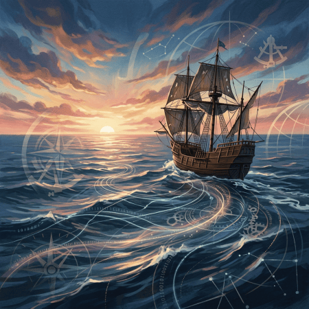 Historic sailing ship crossing sunset ocean with nautical digital overlays