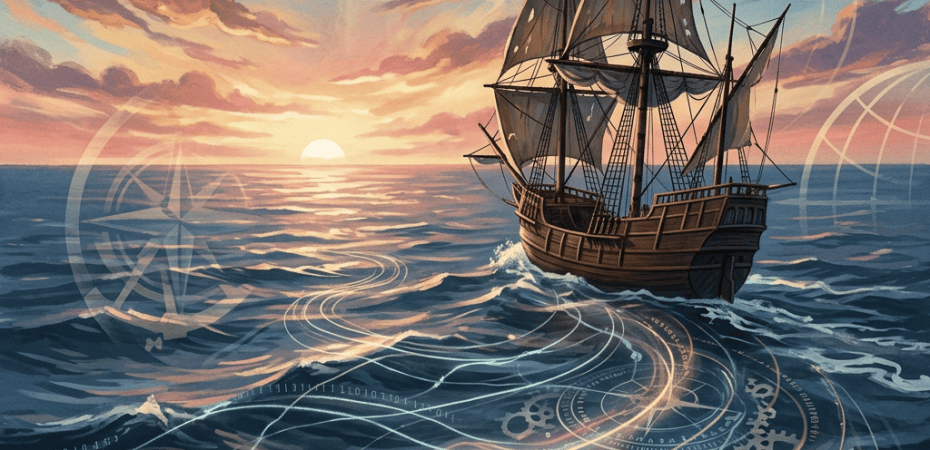 Historic sailing ship crossing sunset ocean with nautical digital overlays