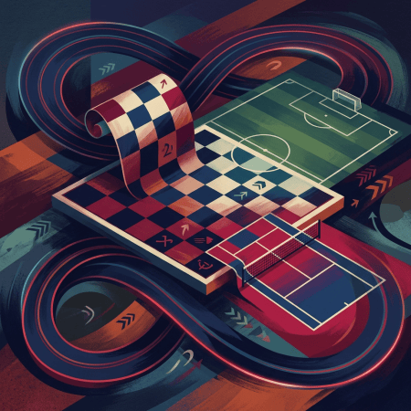 Abstract artwork combining soccer, tennis, and chess boards with looping athletic paths
