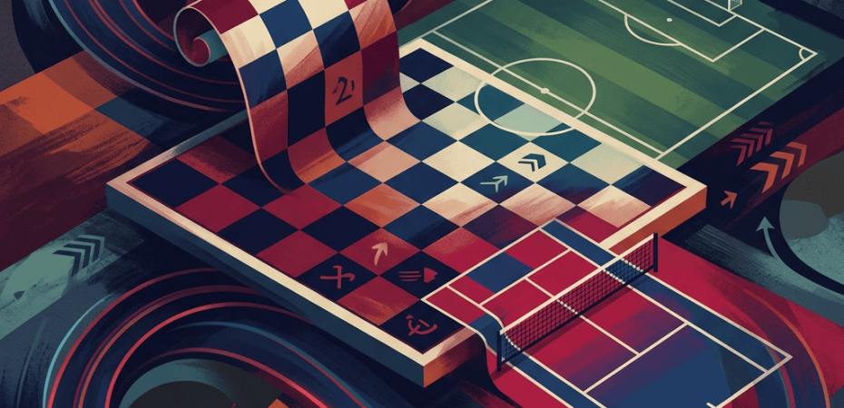 Abstract artwork combining soccer, tennis, and chess boards with looping athletic paths