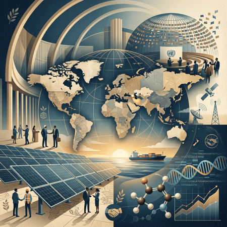 Illustrated world map surrounded by diplomacy, renewable energy, technology, trade, and scientific symbols