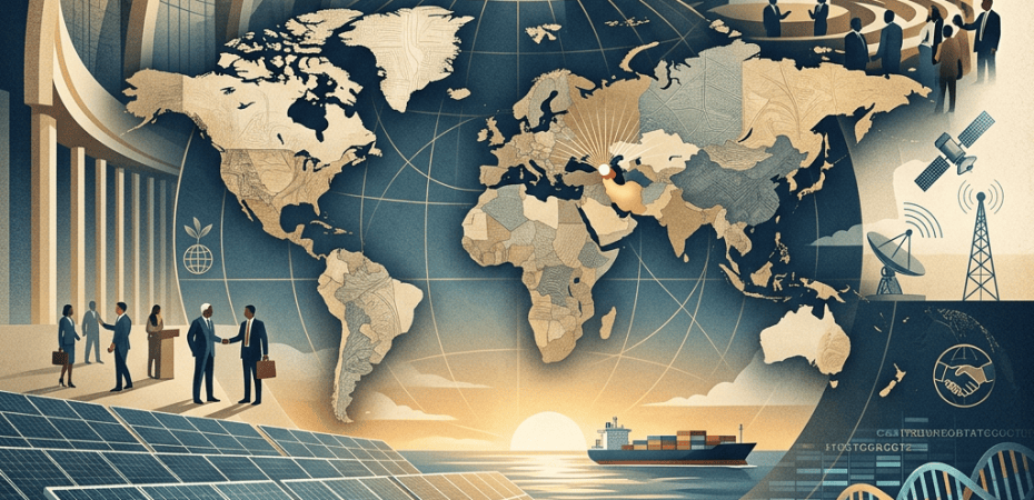 Illustrated world map surrounded by diplomacy, renewable energy, technology, trade, and scientific symbols