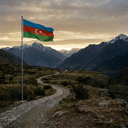 Azerbaijani flag beside a winding trail in a mountain valley