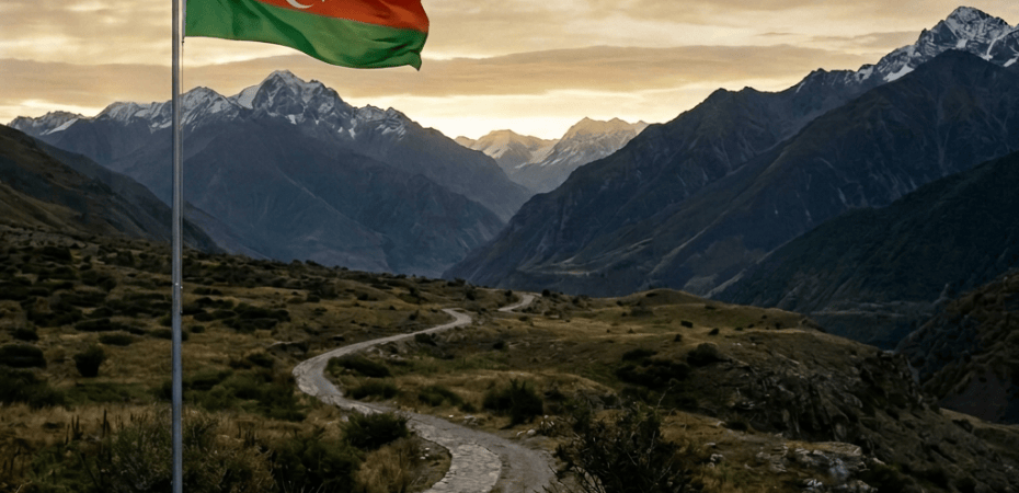 Azerbaijani flag beside a winding trail in a mountain valley