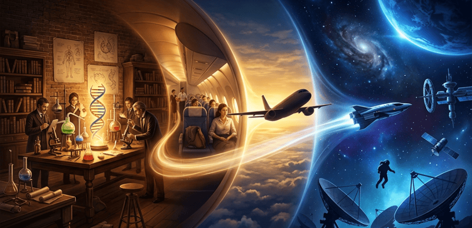 Scientists in a laboratory transition into airplanes, spacecraft, satellites, and a space station