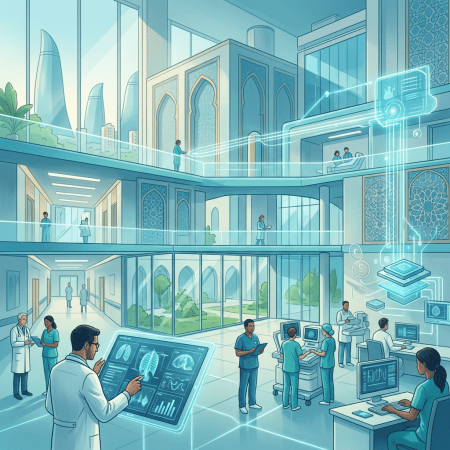 Medical staff using digital imaging and connected technology in a modern hospital