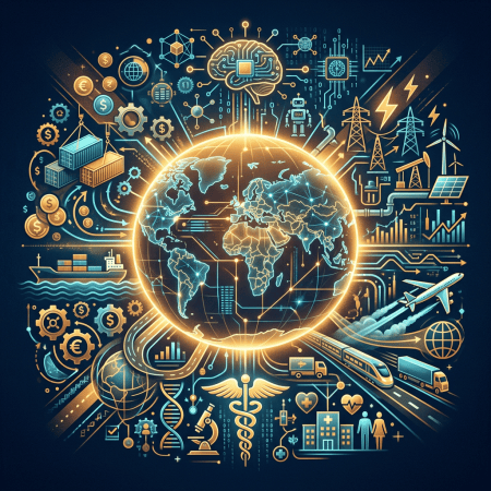 Glowing globe surrounded by icons for technology, finance, energy, transport, and healthcare