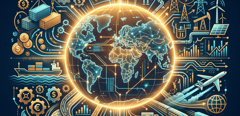 Glowing globe surrounded by icons for technology, finance, energy, transport, and healthcare