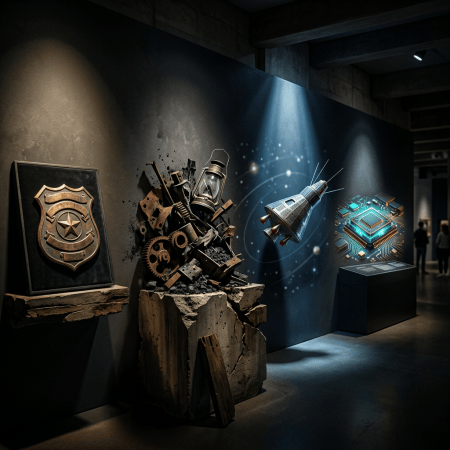 Museum exhibit featuring industrial gears, a spacecraft, and a glowing microchip display