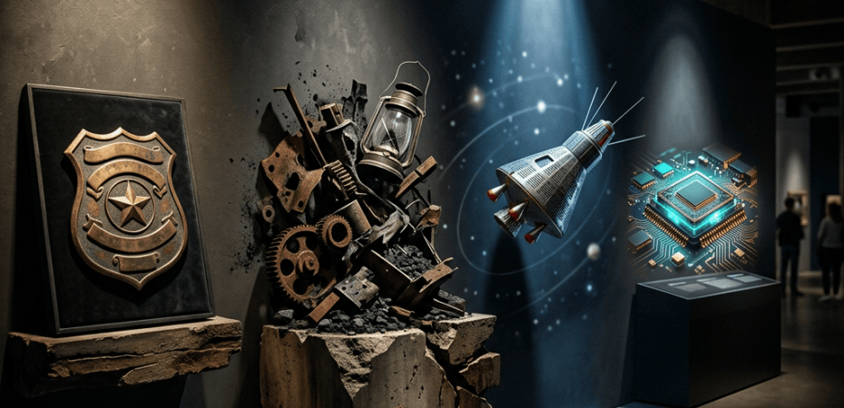 Museum exhibit featuring industrial gears, a spacecraft, and a glowing microchip display