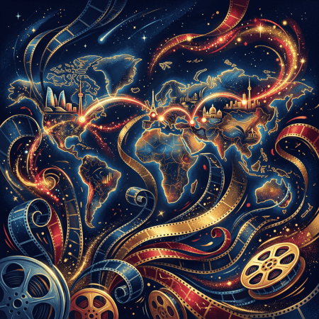 Illustrated world map with glowing routes, landmarks, stars, and curling film reels