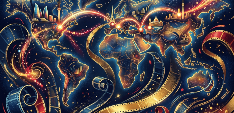 Illustrated world map with glowing routes, landmarks, stars, and curling film reels