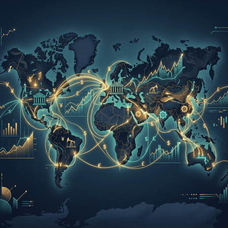 Stylized world map with currency symbols, financial charts, and glowing global trade routes