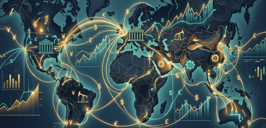 Stylized world map with currency symbols, financial charts, and glowing global trade routes