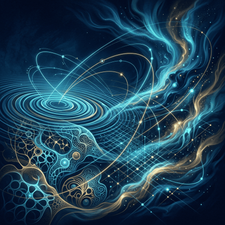 Abstract cosmic network with glowing orbital paths and intricate organic forms