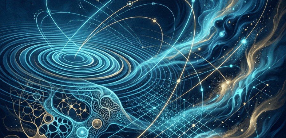 Abstract cosmic network with glowing orbital paths and intricate organic forms