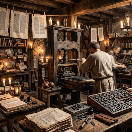 Two printers operating a wooden press in a candlelit workshop