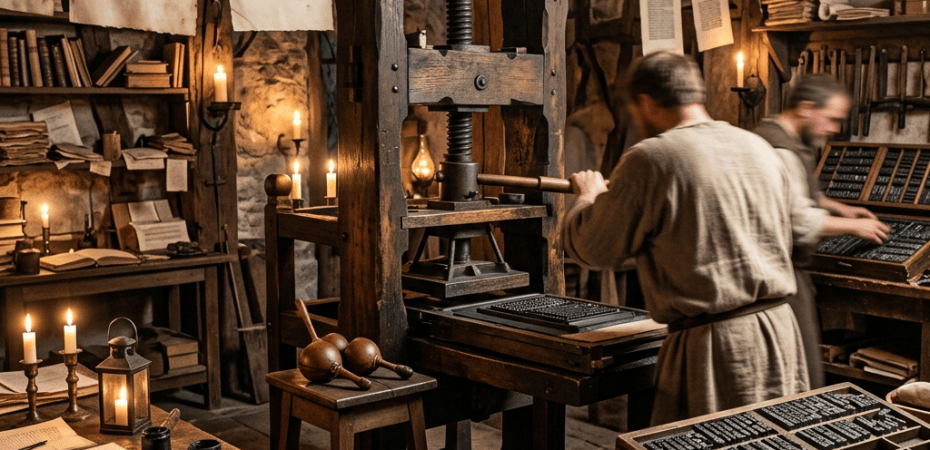 Two printers operating a wooden press in a candlelit workshop