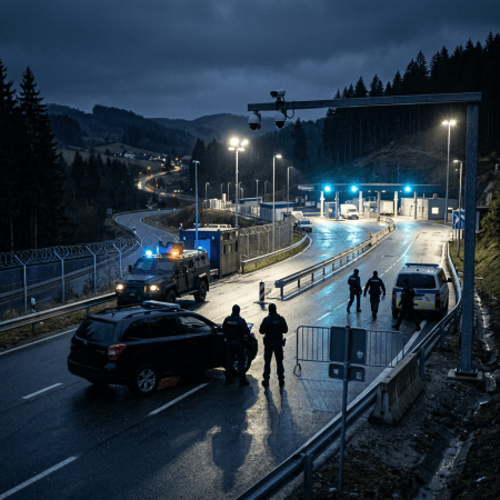 Security personnel and vehicles at a lit mountain border crossing