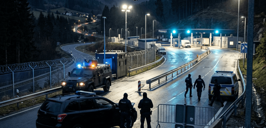 Security personnel and vehicles at a lit mountain border crossing