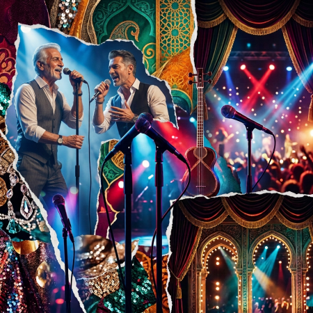 Collage of singer silhouettes, microphones, guitar, ornate curtains, and concert lights
