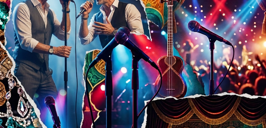 Collage of singer silhouettes, microphones, guitar, ornate curtains, and concert lights