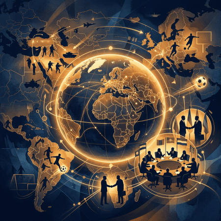 Glowing globe surrounded by maps, athletes, diplomats, soldiers, and connecting routes