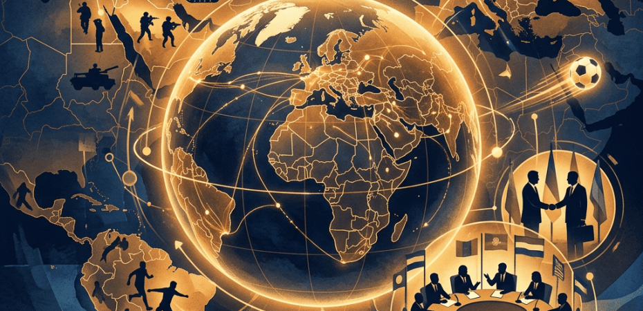 Glowing globe surrounded by maps, athletes, diplomats, soldiers, and connecting routes
