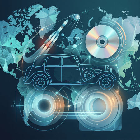 Vintage car, rocket, compact disc, and glowing technology symbols over a world map