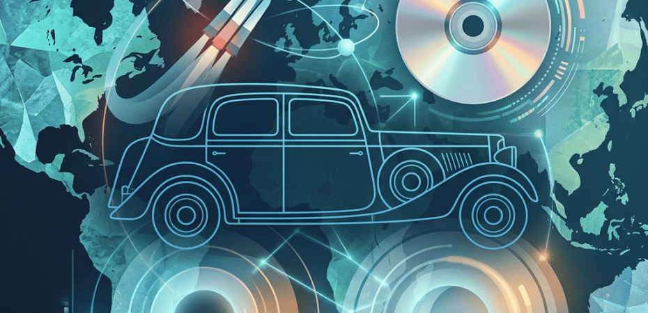 Vintage car, rocket, compact disc, and glowing technology symbols over a world map