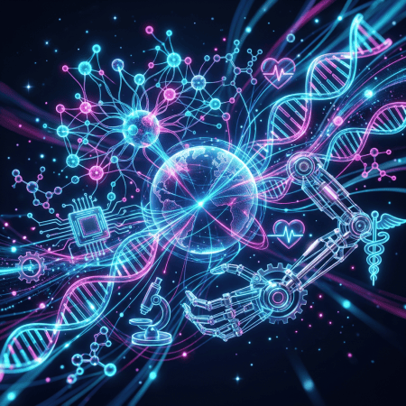 Neon illustration connecting DNA, globe, medical symbols, robotics, and computing