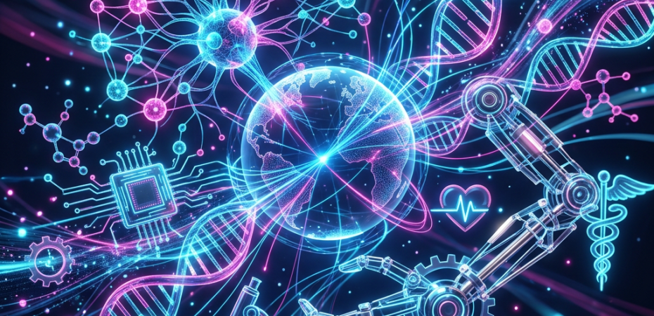 Neon illustration connecting DNA, globe, medical symbols, robotics, and computing
