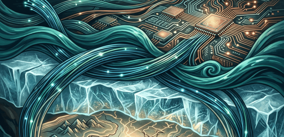 Wind turbines and solar panels linked to glowing circuit networks over mountains