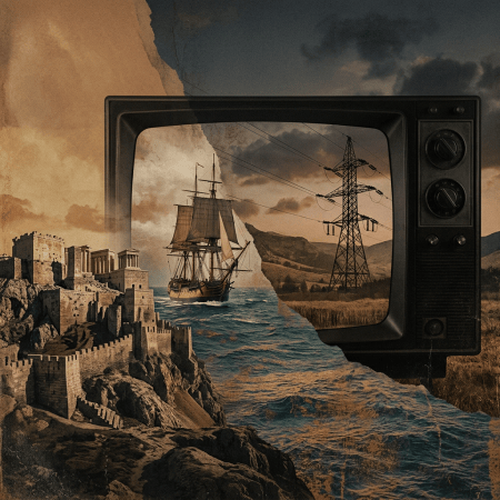 Surreal collage of an ancient fortress, sailing ship, power tower, and vintage television