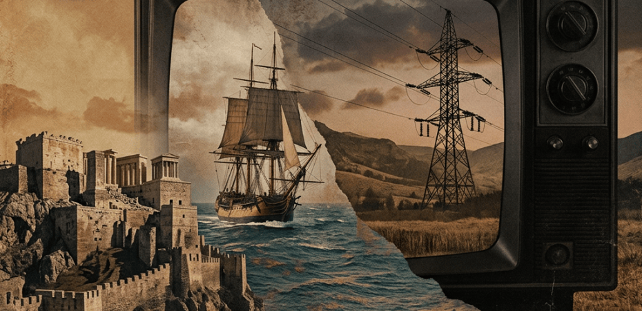 Surreal collage of an ancient fortress, sailing ship, power tower, and vintage television