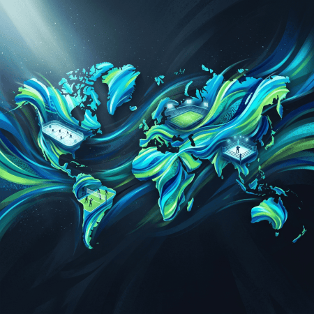 Stylized world map featuring soccer, basketball, tennis, and boxing venues