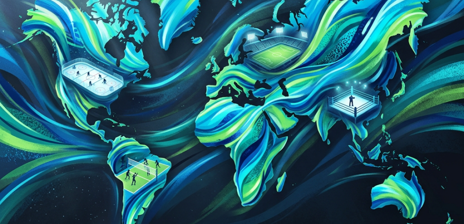Stylized world map featuring soccer, basketball, tennis, and boxing venues
