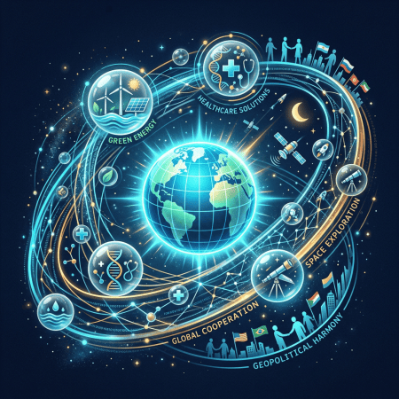 Glowing Earth surrounded by Green Energy, Healthcare Solutions, Space Exploration, Global Cooperation, Geopolitical Harmony
