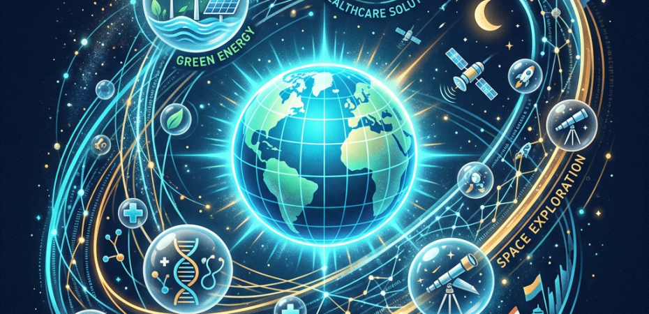 Glowing Earth surrounded by Green Energy, Healthcare Solutions, Space Exploration, Global Cooperation, Geopolitical Harmony