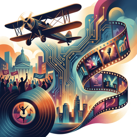 Illustrated collage of airplane, circuit board, filmstrip, record, crowd, and city