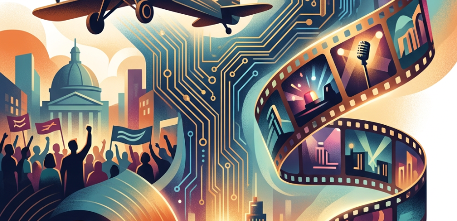 Illustrated collage of airplane, circuit board, filmstrip, record, crowd, and city